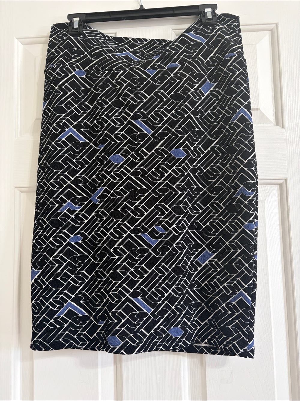LuLaRoe Black Cassie Pencil Skirt with White Geometric Print and Blue Accents